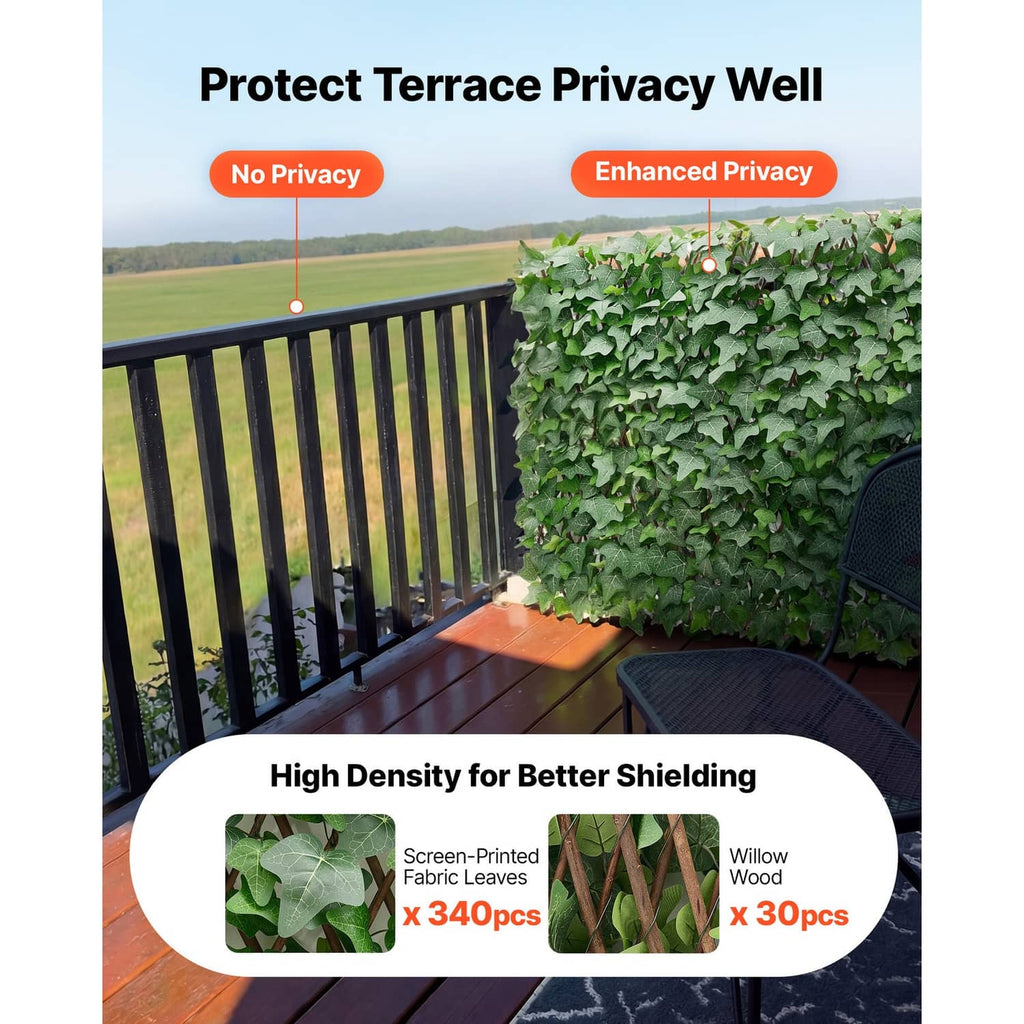 Artificial privacy screen covering a patio railing with dense green leaf foliage