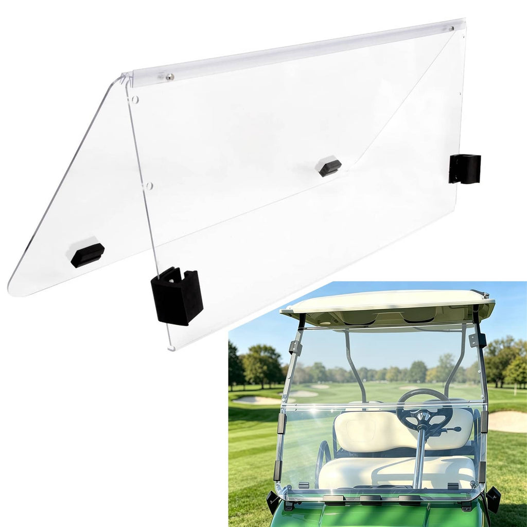 Clear polycarbonate folding windshield with black mounting brackets for golf cart