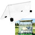 Clear polycarbonate folding windshield with black mounting brackets for golf cart