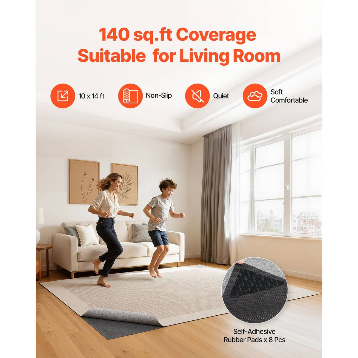 Light gray rug pad under a beige area rug with small self-adhesive rubber pads