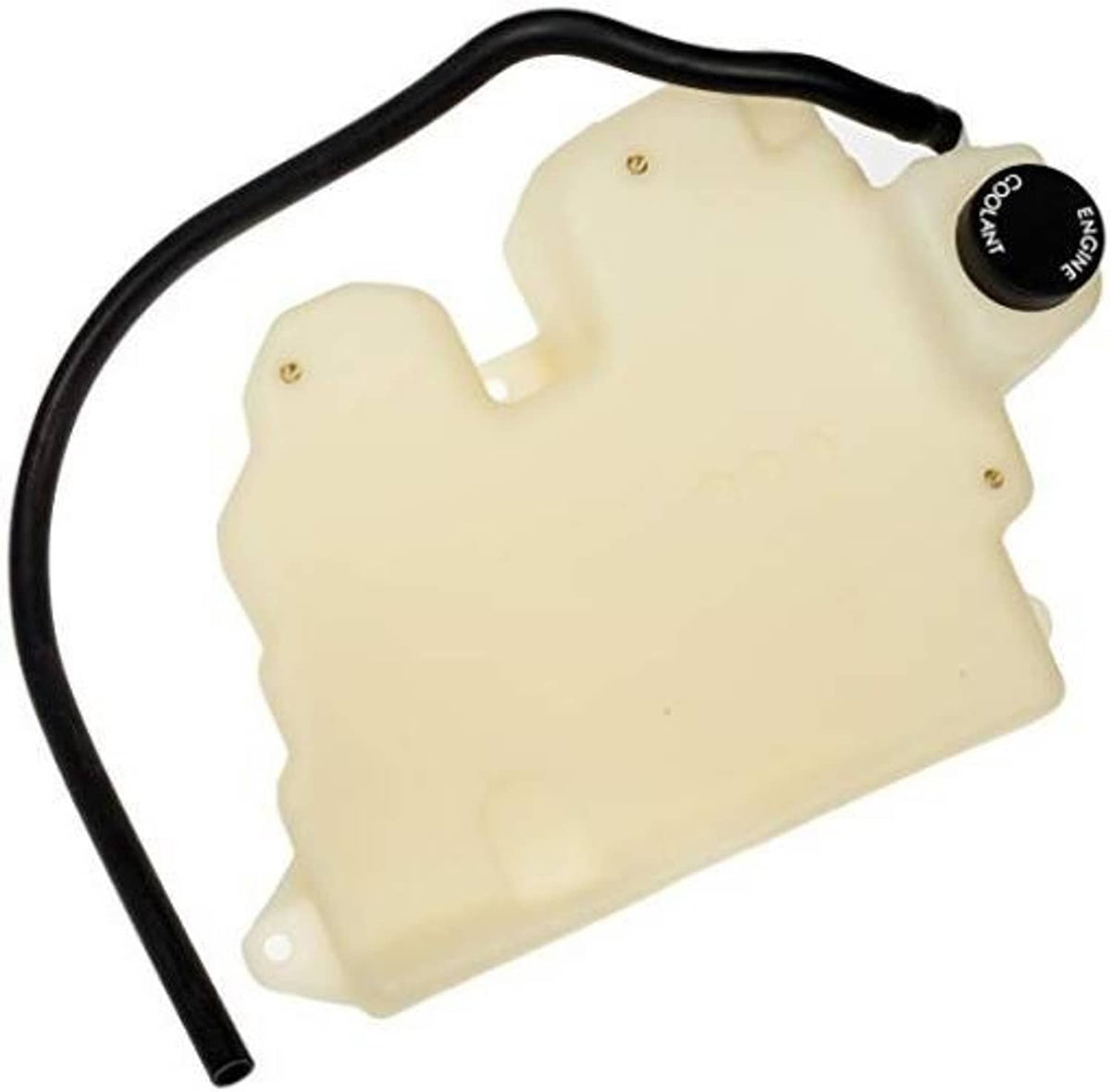 Cream coolant reservoir with black hoses and round cap
