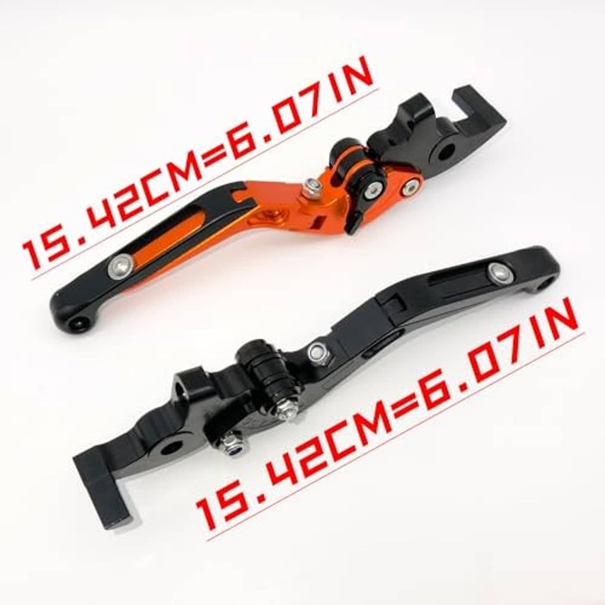 Orange and black motorcycle brake and clutch levers with measurement markings