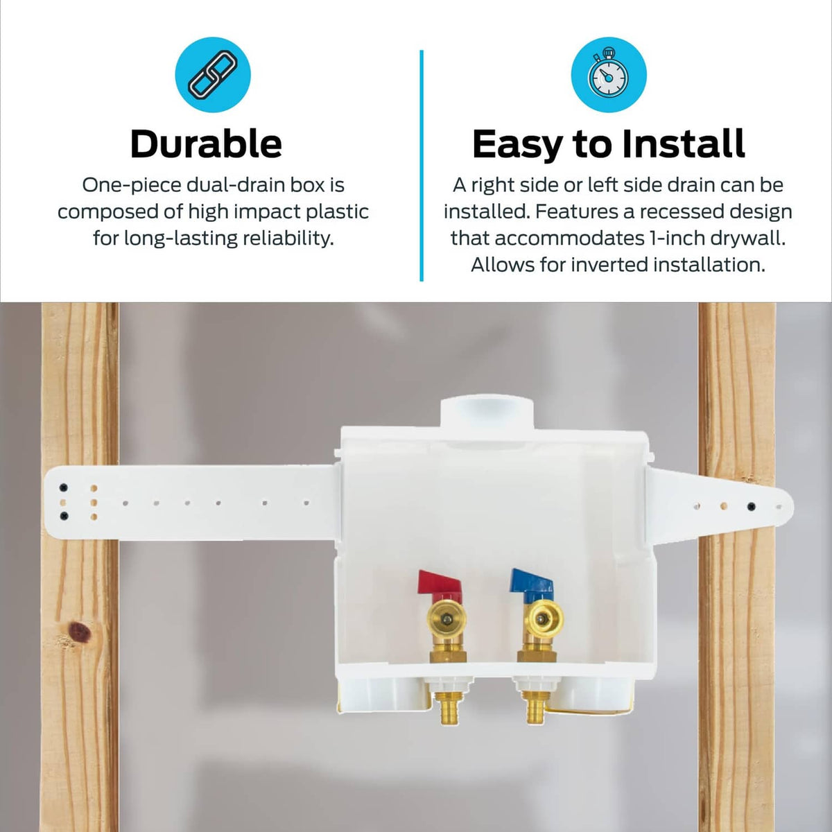 White plastic outlet box mounted on two metal strips, with hot and cold brass valves
