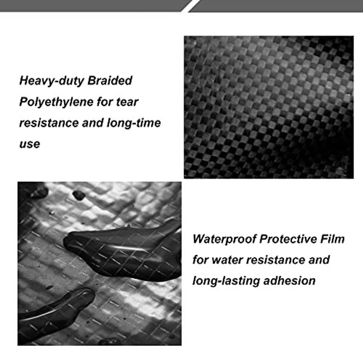 Black braided polyethylene waterproof repair tape with water-resistant protective film close-up