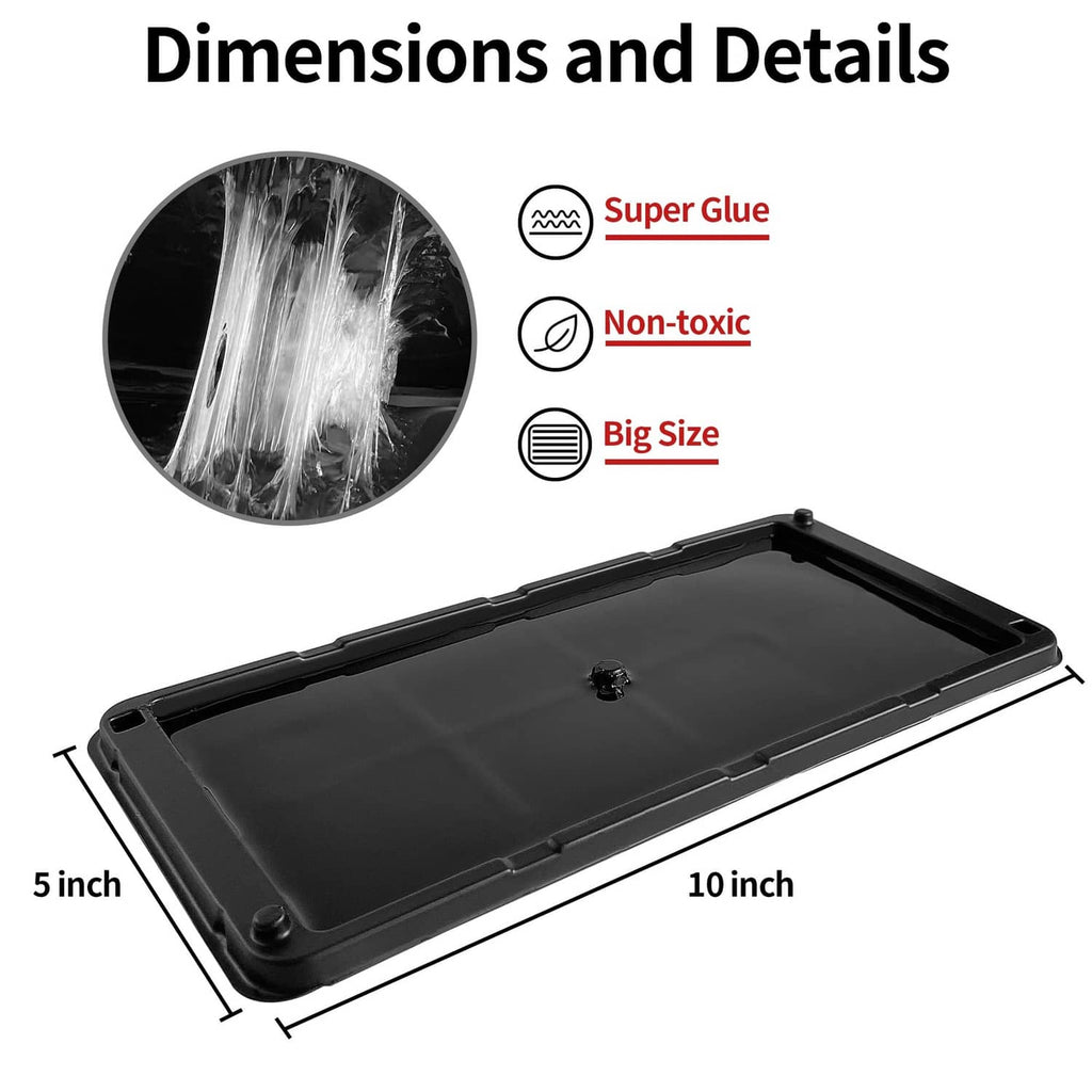Black rectangular mouse glue trap with 10-inch length and 5-inch width, hinged top