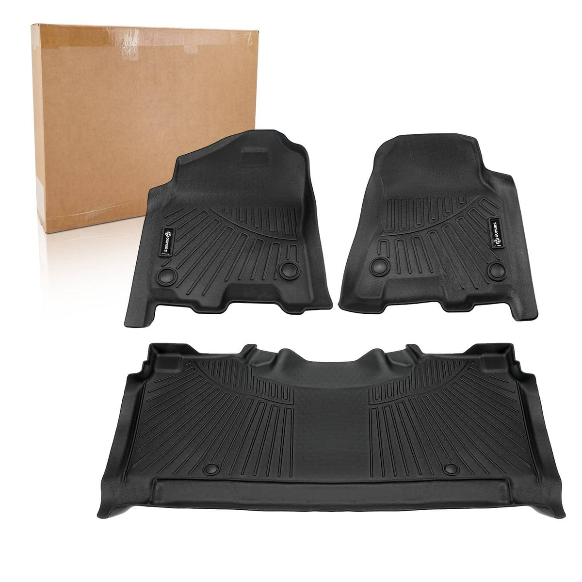 Black molded TPE floor mat set with two front liners and one rear cargo liner, boxed.