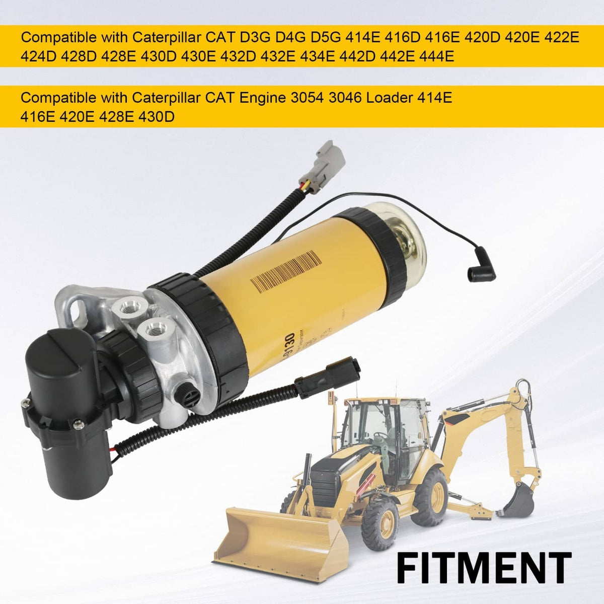 Fuel pump and filter assembly with yellow canister, black motor head, and mounting holes