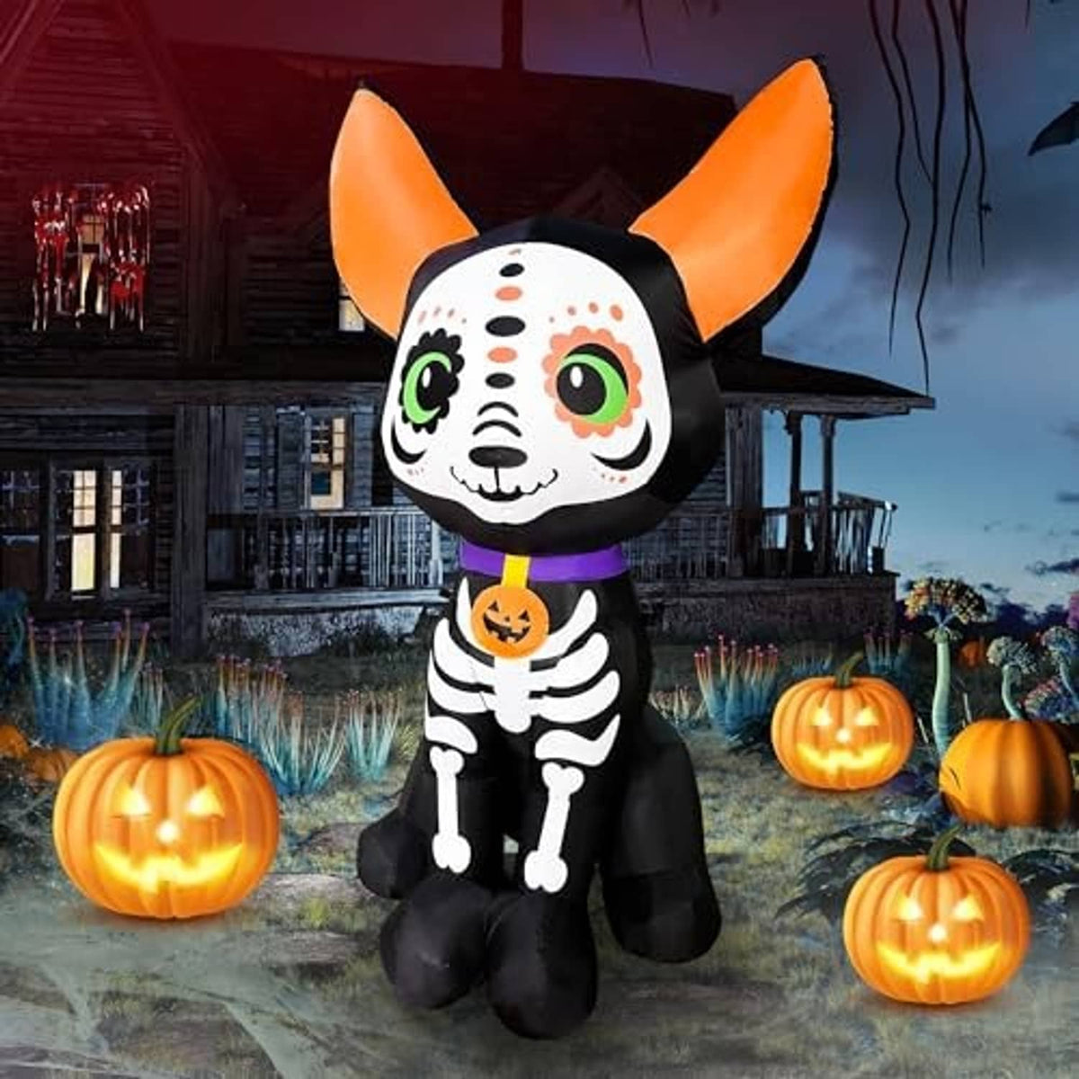 Halloween inflatable skeleton dog with orange ears and jack-o-lantern collar, standing.