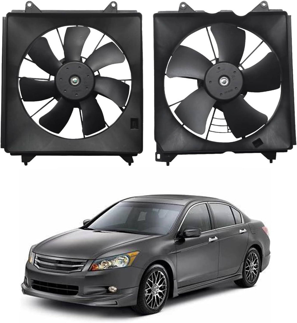 Pair of black radiator cooling fans with circular motor centers and blade guards