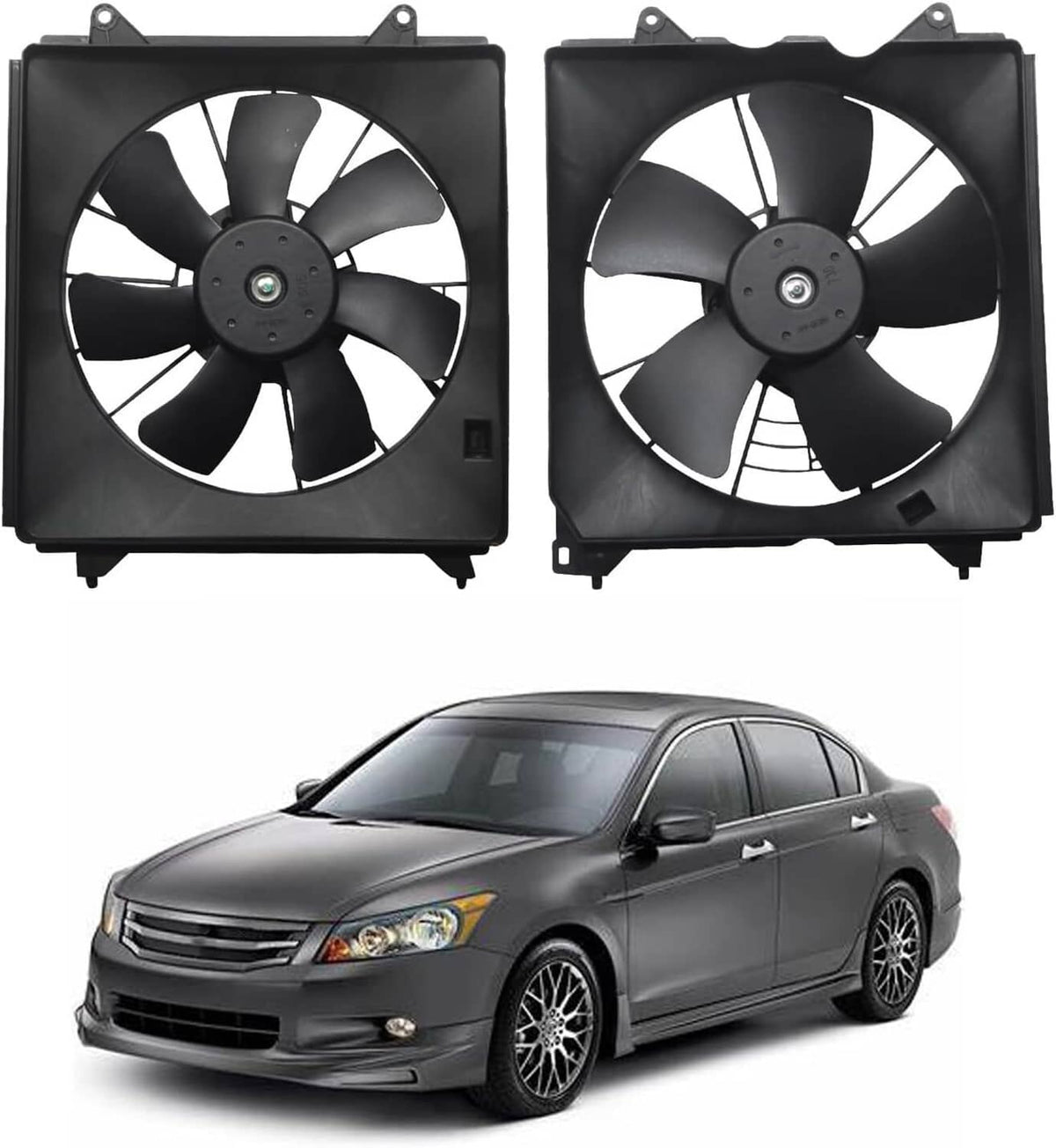 Pair of black radiator cooling fans with circular motor centers and blade guards
