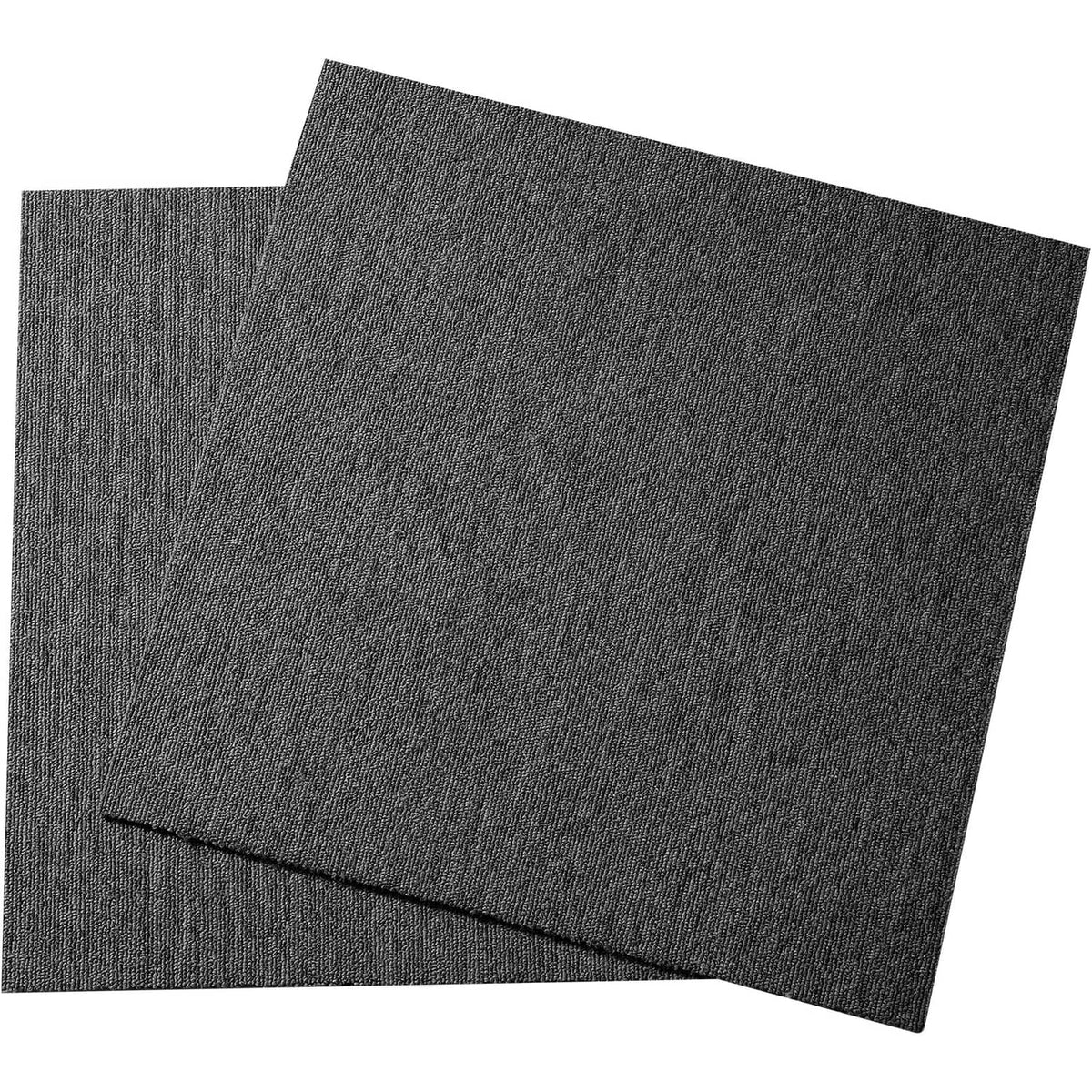 Close-up of dark gray carpet tile squares with textured surface and squared edges