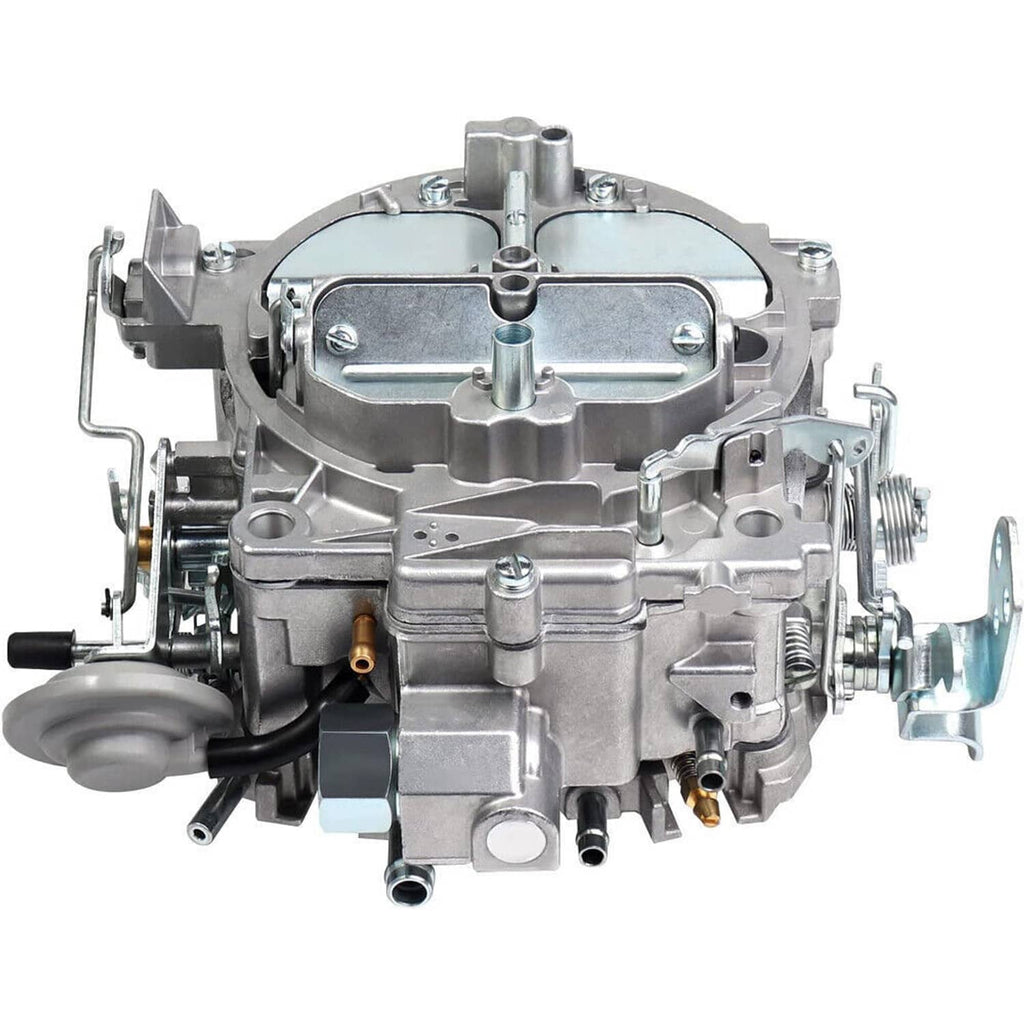 Silver Rochester Quadrajet 4-barrel carburetor with mounting linkage, front view