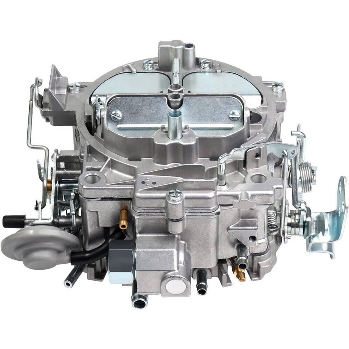 Silver Rochester Quadrajet 4-barrel carburetor with mounting linkage, front view