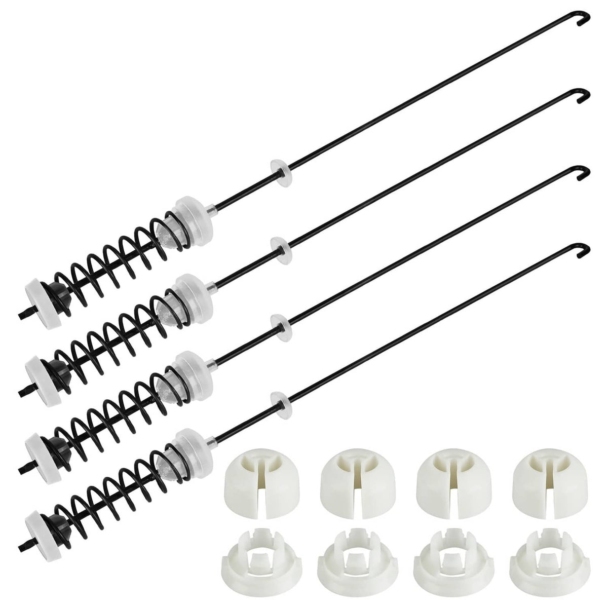 Washer suspension rod kit with four black spring rods and white mounting bushings
