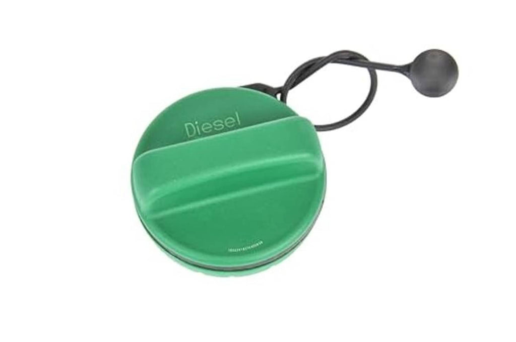 Green diesel fuel tank filler cap with black tether cord and oval pull handle