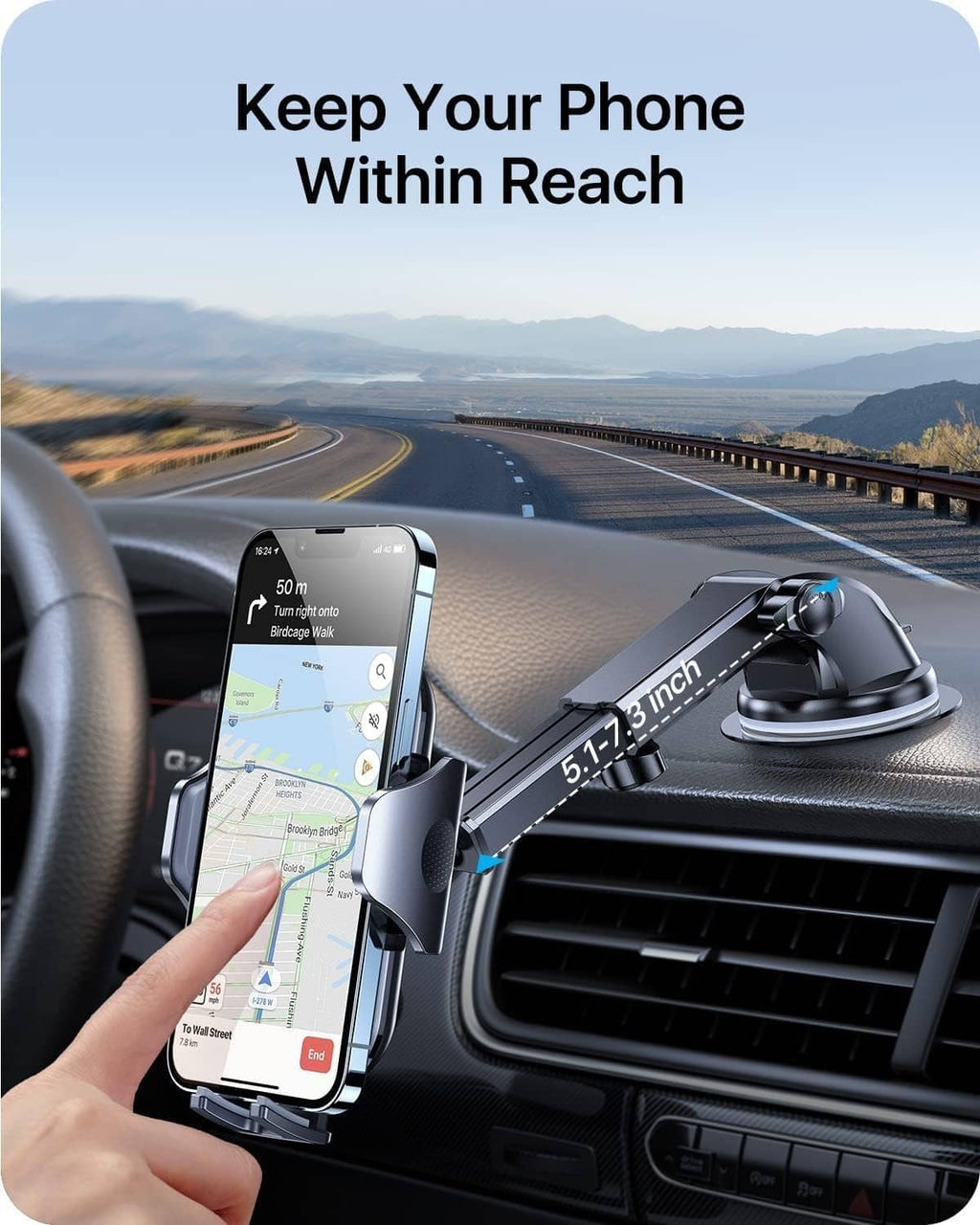 Car phone holder mounted on dashboard with phone displaying navigation