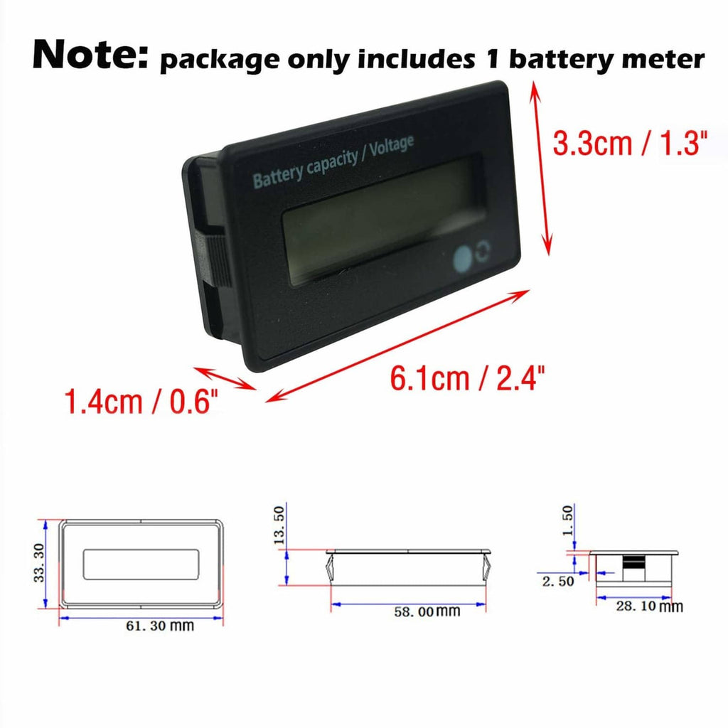 Black LCD battery voltage and capacity meter with mounting bracket and display window