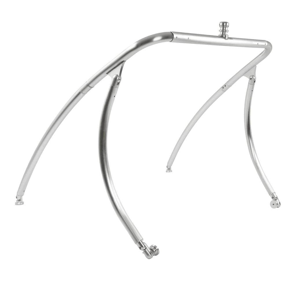 Aluminum wakeboard tower frame in silver with curved outer arch and three supports