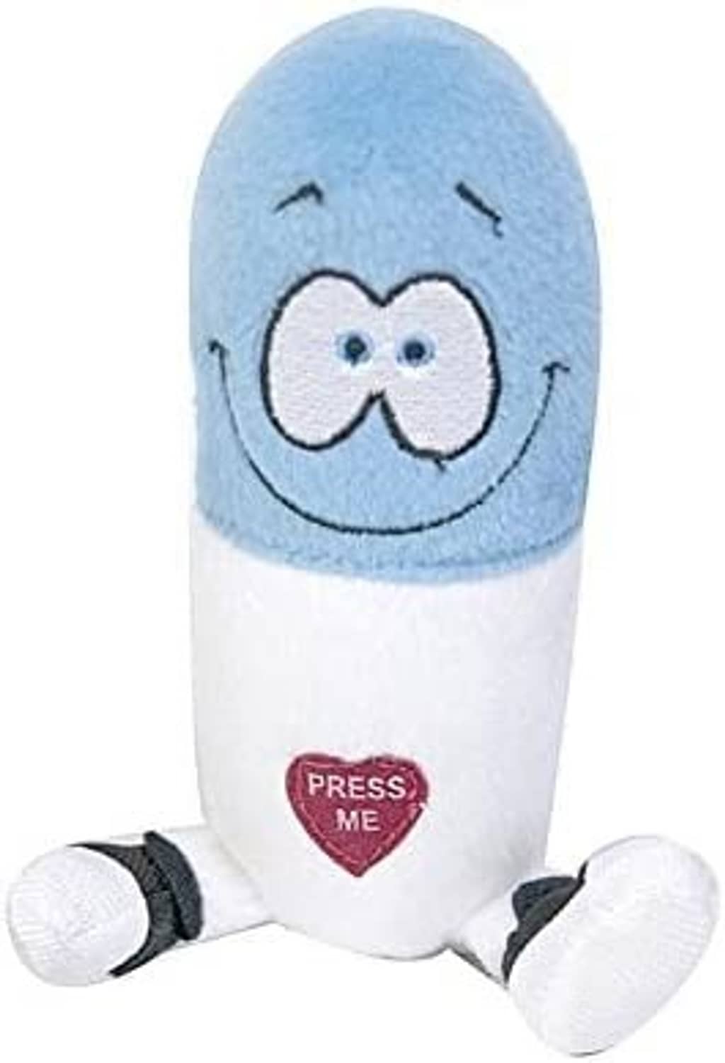 Light blue Happy Pill plush with smiling white face and red heart button