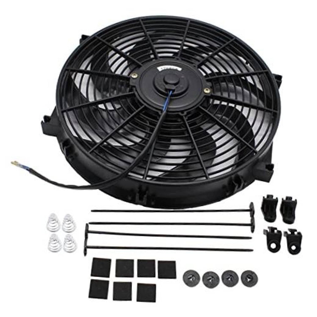 Black electric cooling fan kit with slim radiator fan and mounting hardware
