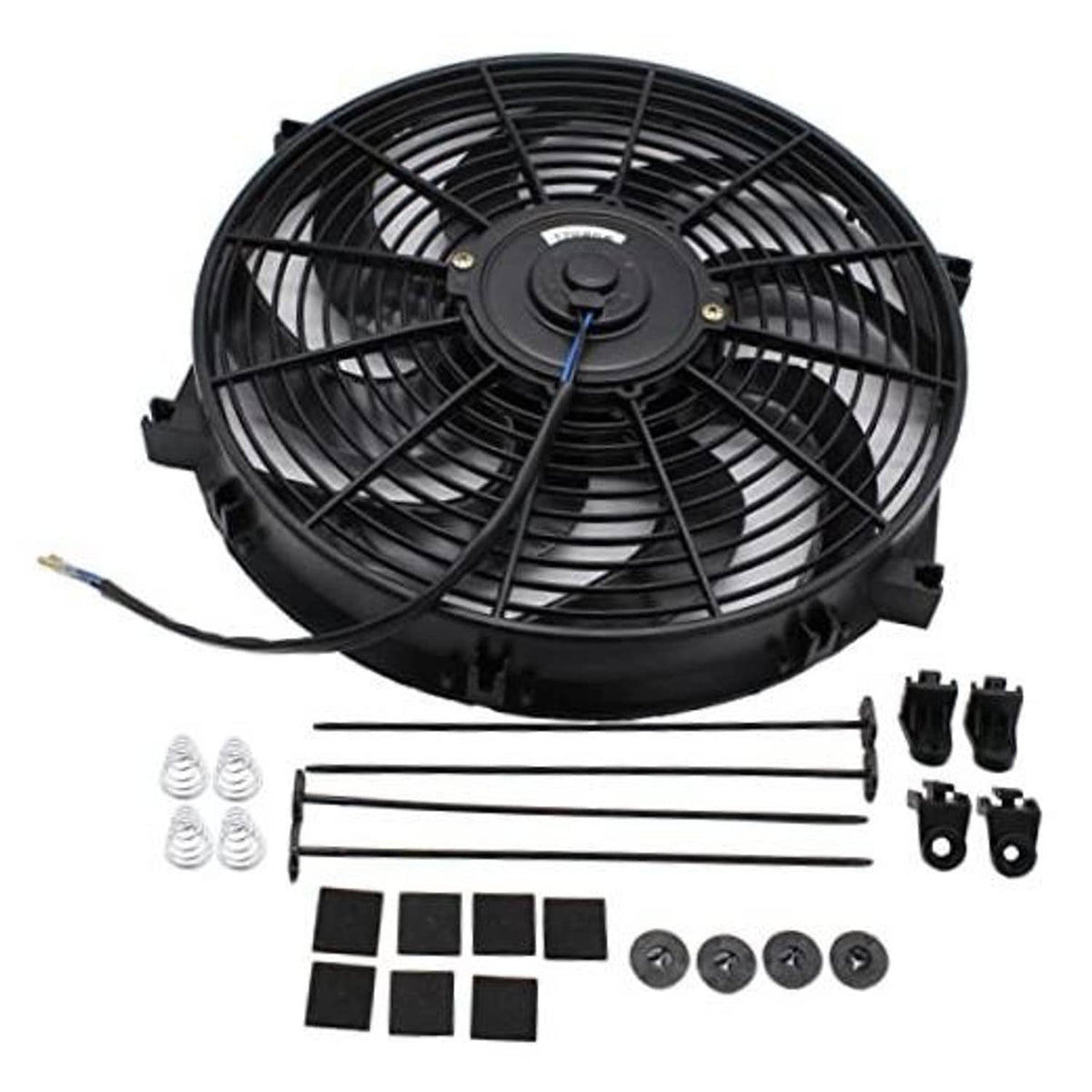 Black electric cooling fan kit with slim radiator fan and mounting hardware