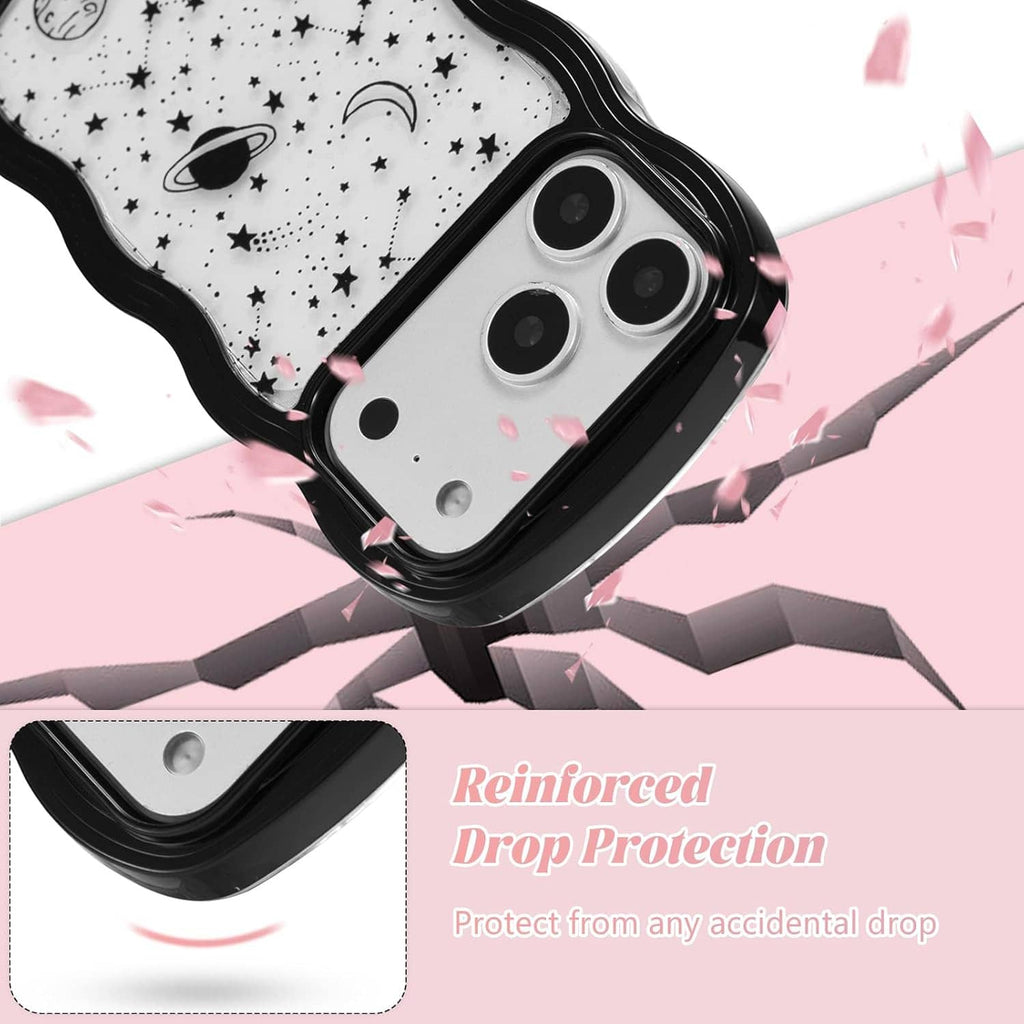iPhone Pro Max case with white space pattern (stars, moon, planets) and black wave edges