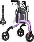 3-wheel rollator walker with purple frame, black seat, and front pivot wheels