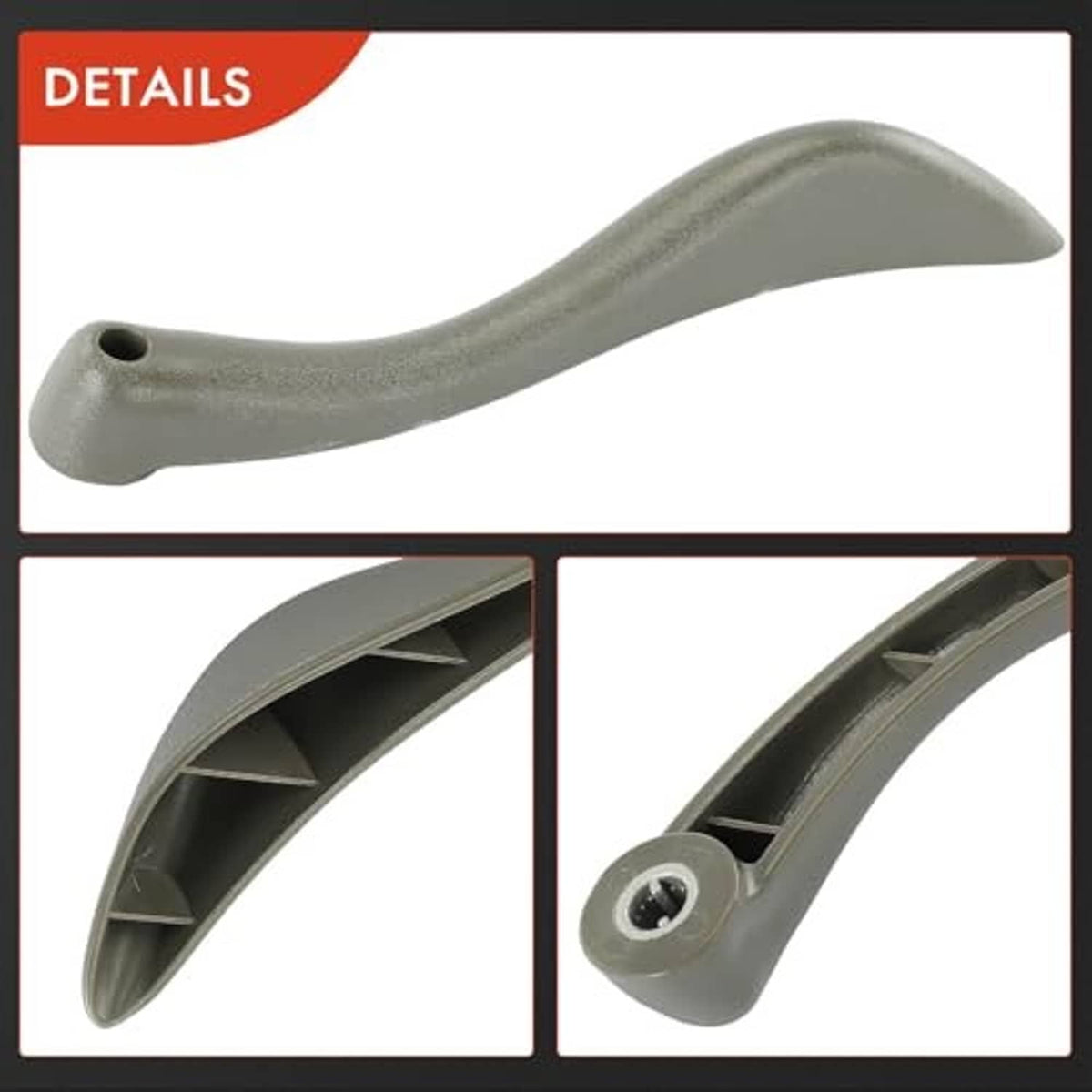 Seat adjusting handle close-up with mounting details and light gray curved plastic body