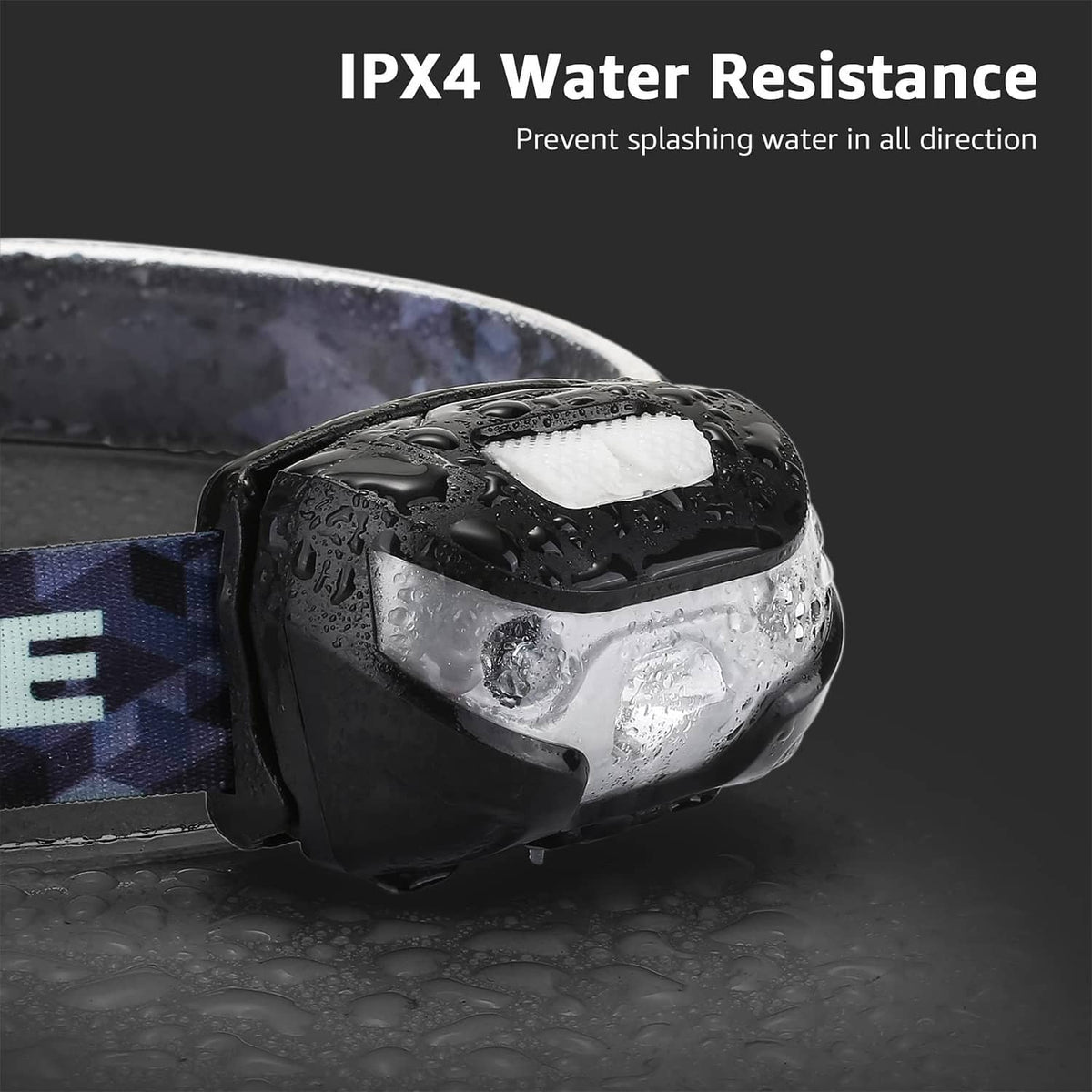 IPX4 waterproof rechargeable headlamp with sealed housing, shown in water droplets