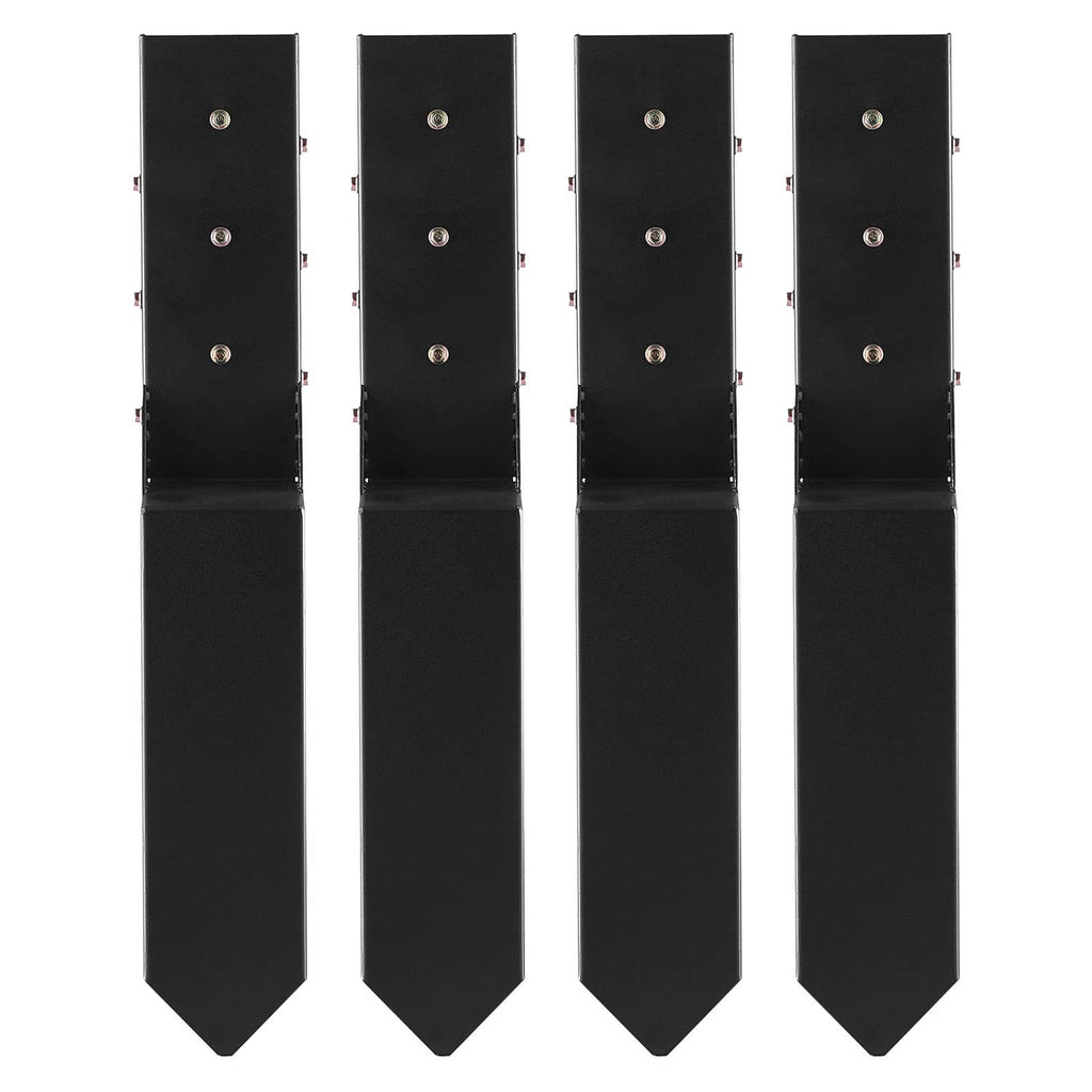 Four black fence post anchors, front view with bolt holes on upright plates