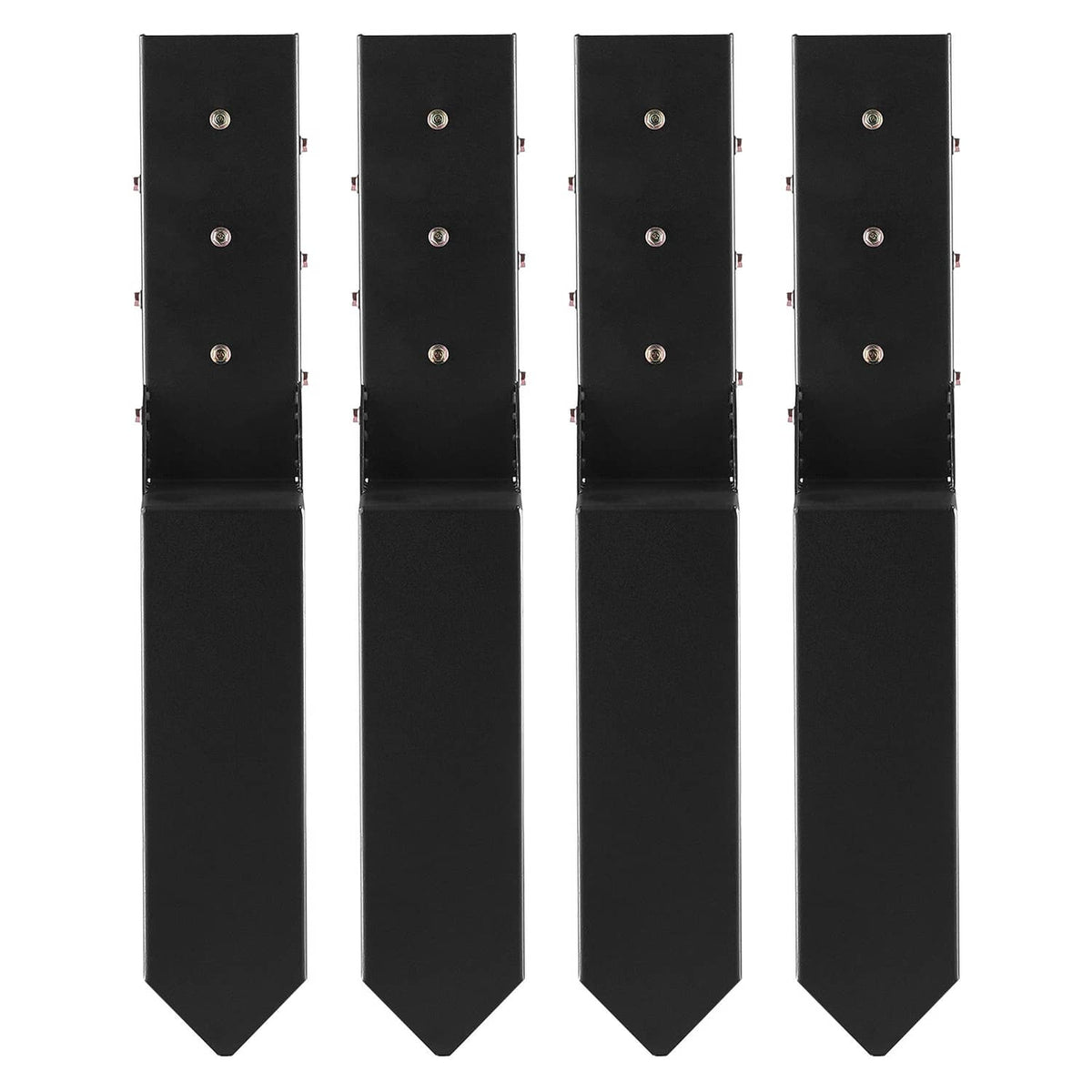 Four black fence post anchors, front view with bolt holes on upright plates