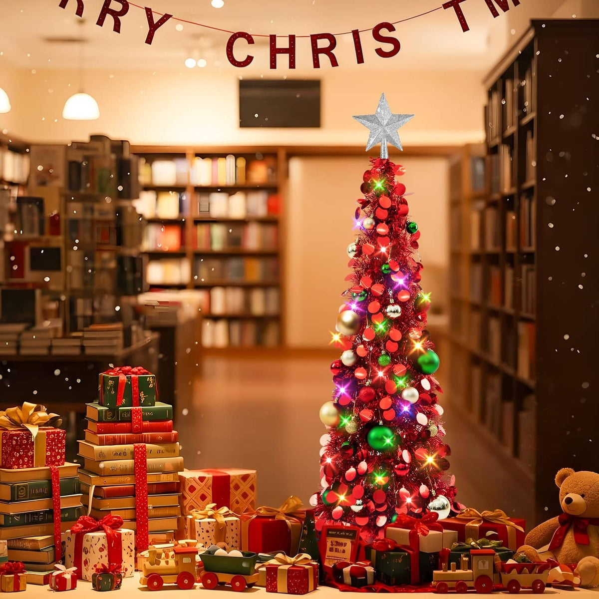 Red pop-up Christmas tree with multicolor LED lights, round ornaments, and star topper