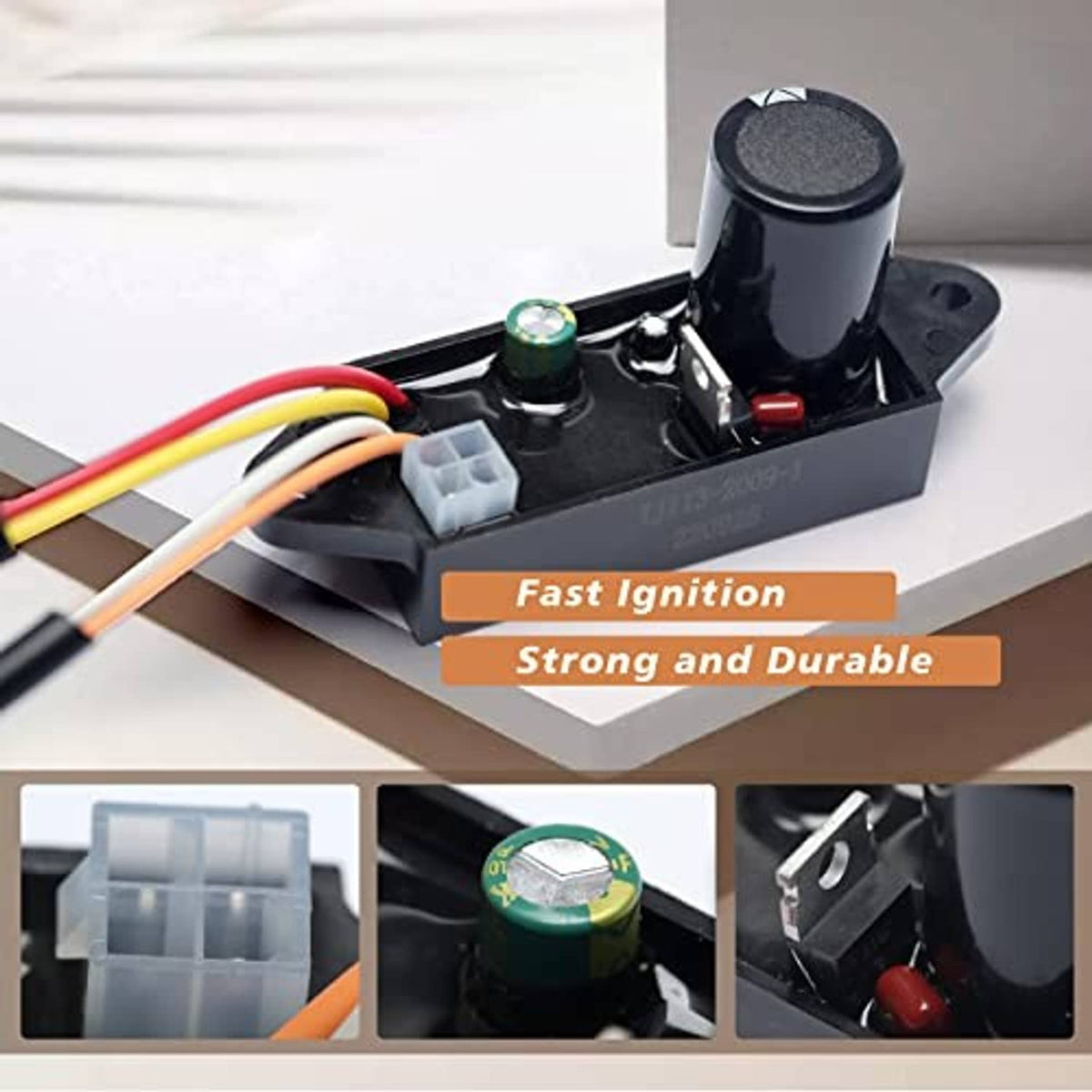 Ignition coil control module showing green component cap and red switch button