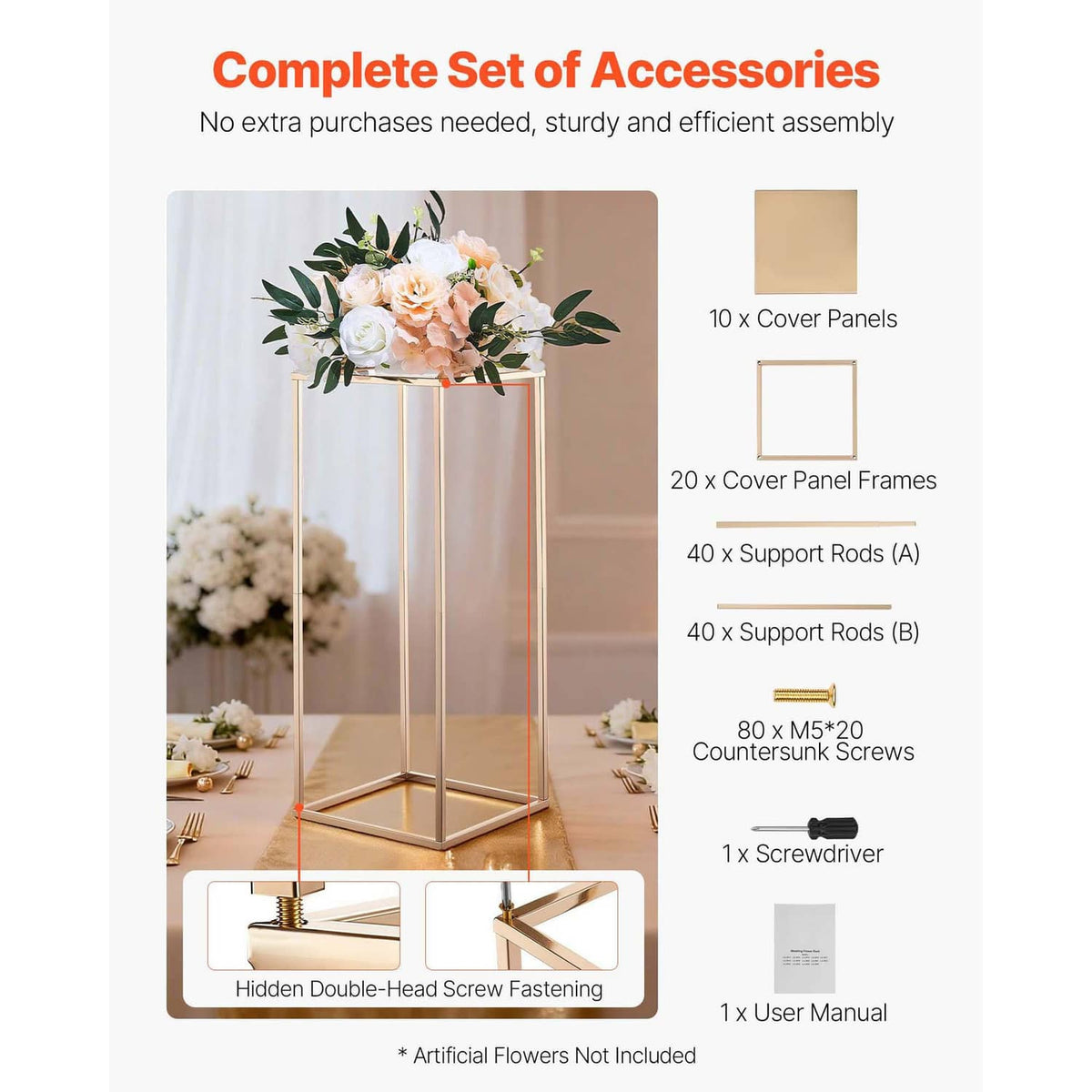 Flower stand set kit with gold-tone frame panels, rods, and hardware pieces