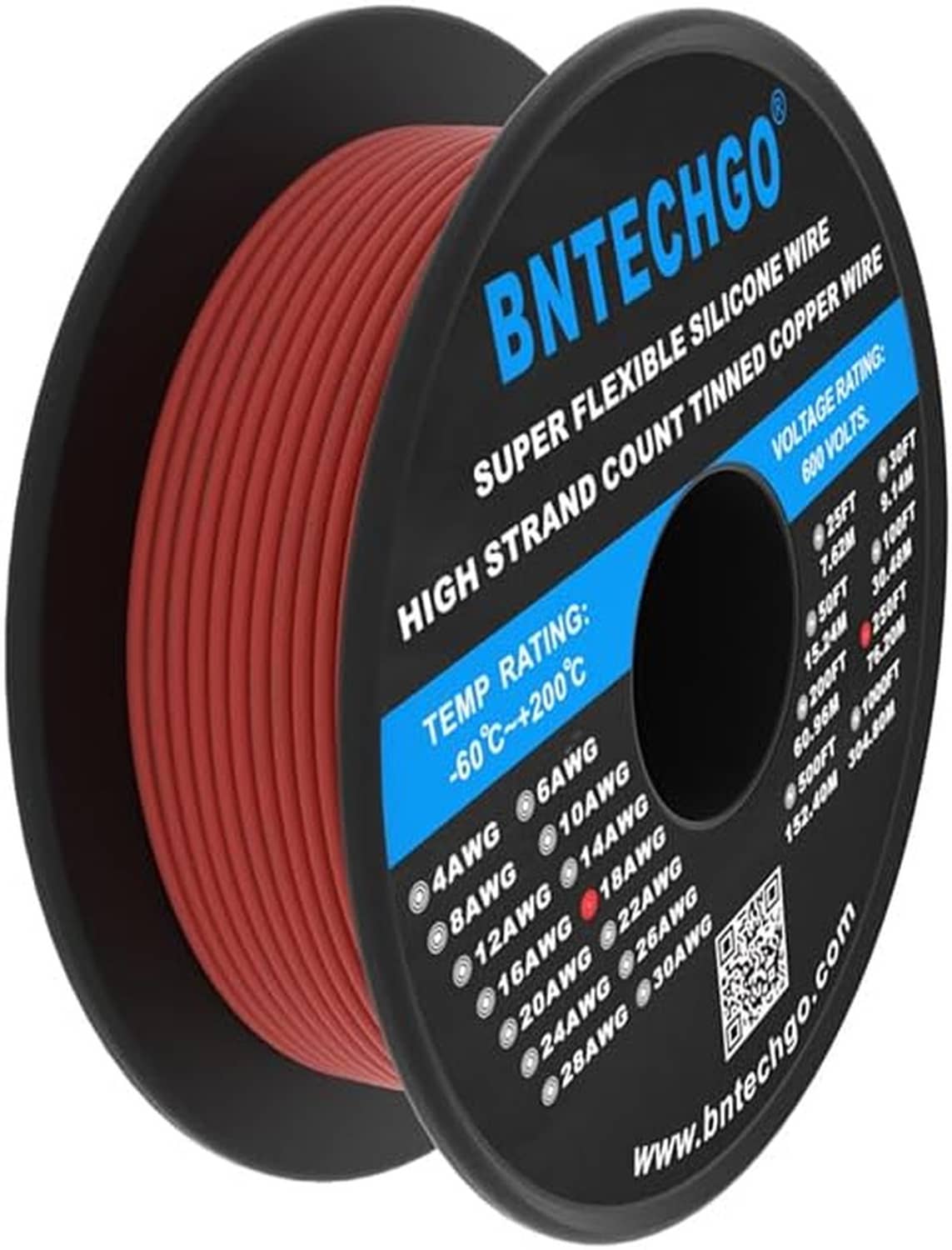 Red 18 AWG silicone insulated wire wound on black spool, tinned copper strands
