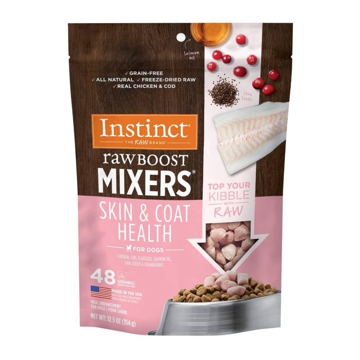 Dog food topper mix pouch, Instinct Raw Boost Mixers Skin & Coat Health freeze-dried