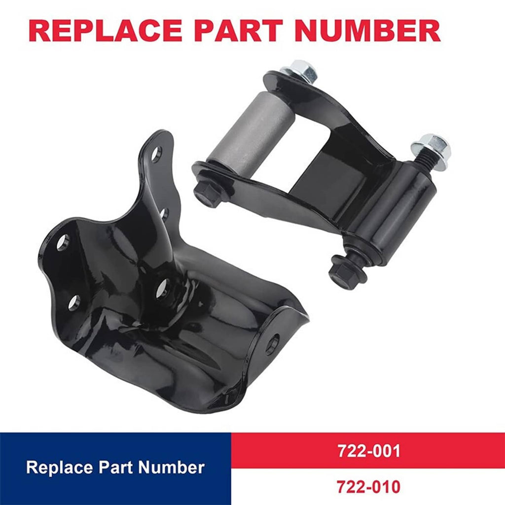 Black rear leaf spring hanger brackets with matching shackle assemblies, replacement set