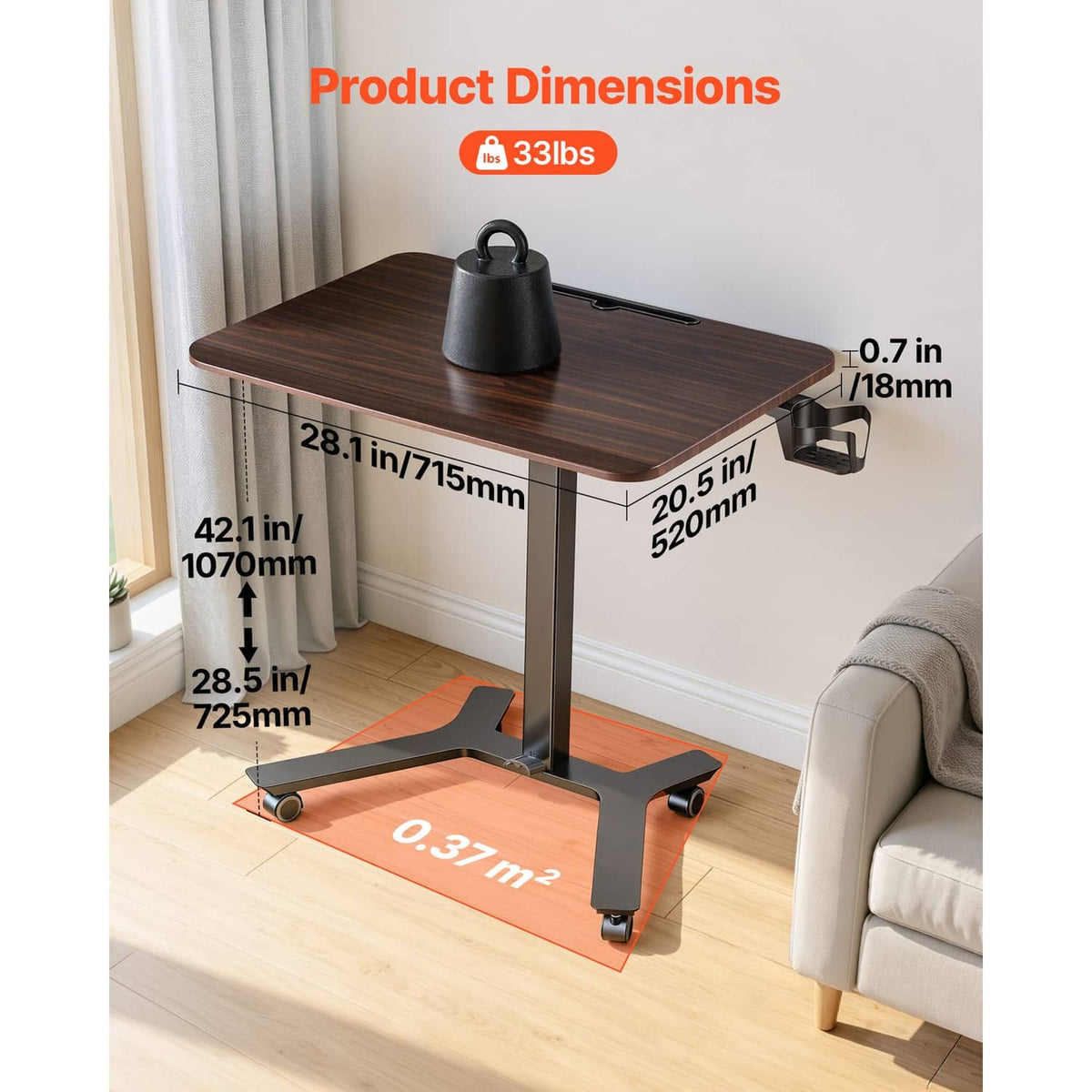 Compact dark wood standing desk with foot pedal base and rolling casters