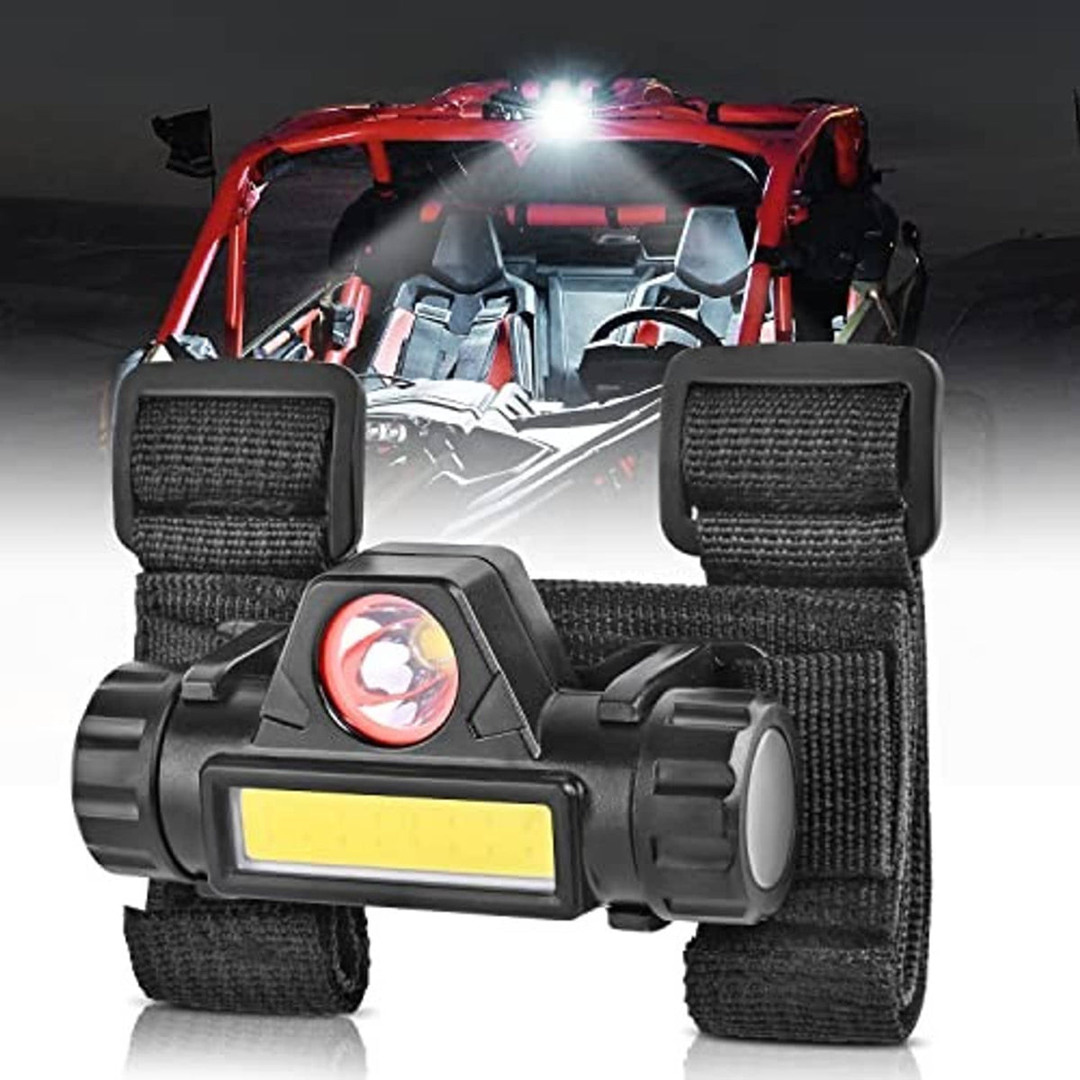 UTV roll bar LED dome light with two black strap-mounted light heads