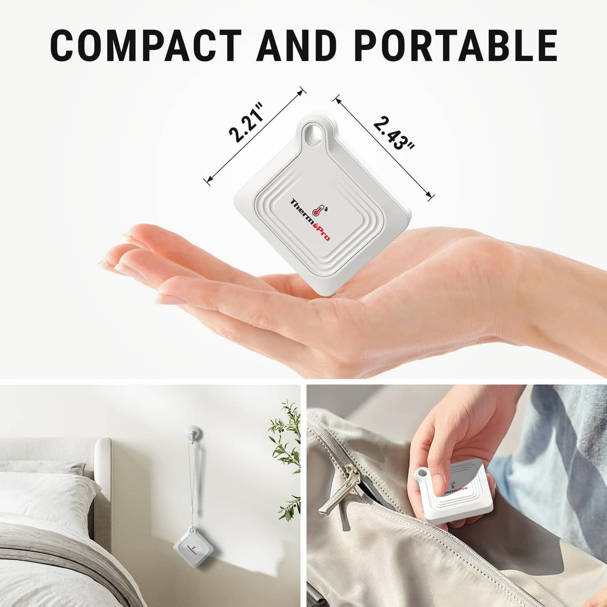 Compact white Bluetooth thermometer hygrometer sensor in hand with size markings