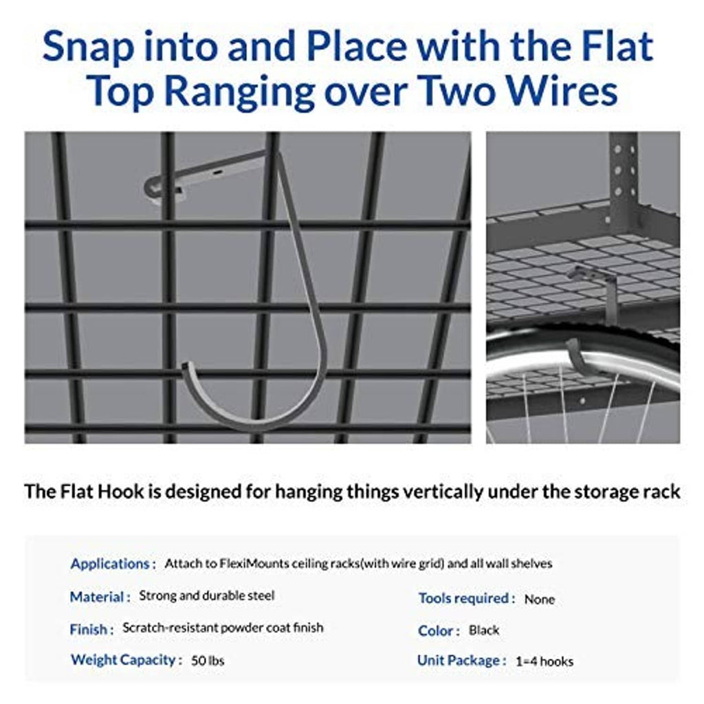 Black storage rack flat-top hook snapping over two wires on a wire grid