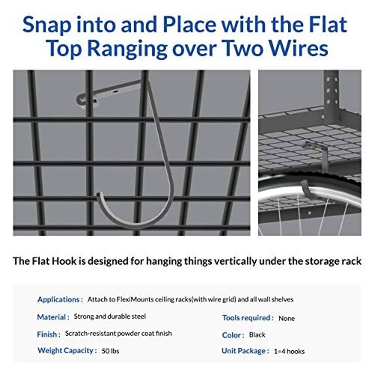 Black storage rack flat-top hook snapping over two wires on a wire grid