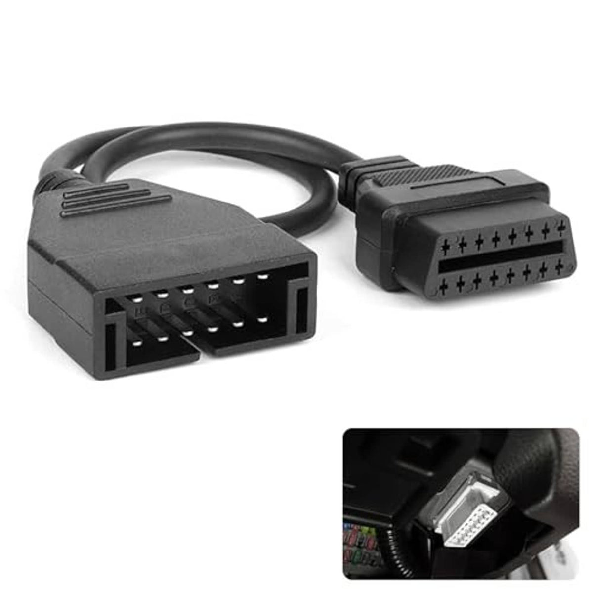 OBD1 to OBD2 adapter cable showing two black OBD connectors with pin contacts
