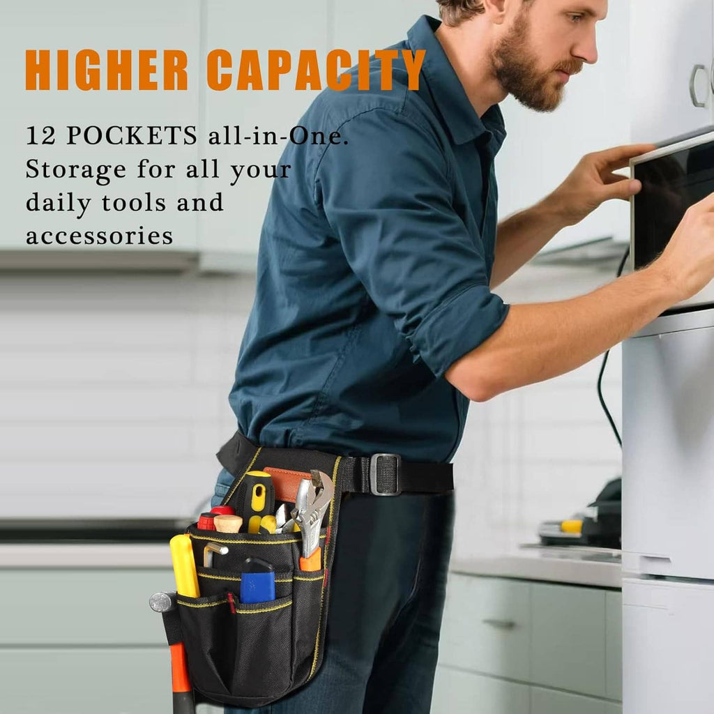 Black tool belt pouch with multiple pockets, worn on a worker’s waist.