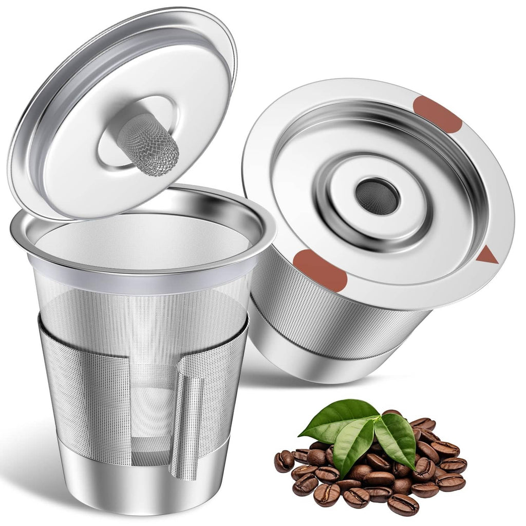 Reusable stainless steel K-cup filter with fine mesh screen, open lid and insert