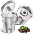 Reusable stainless steel K-cup filter with fine mesh screen, open lid and insert