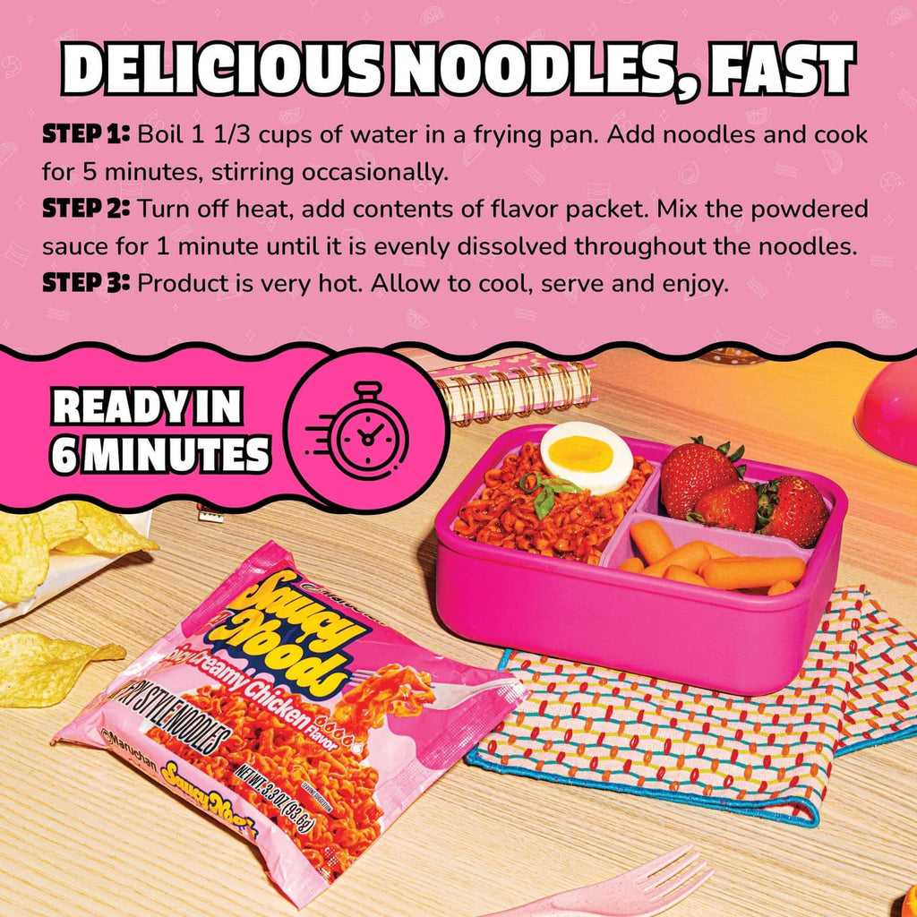 Maruchan Saucy Noodles cooking steps graphic with noodle and sauce packet