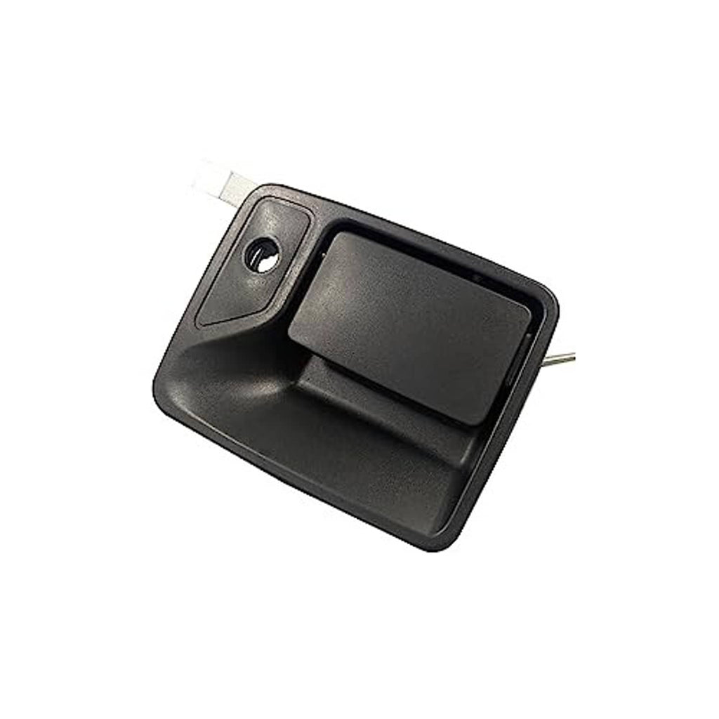 Black textured exterior door handle with recessed pull area and metal mounting studs