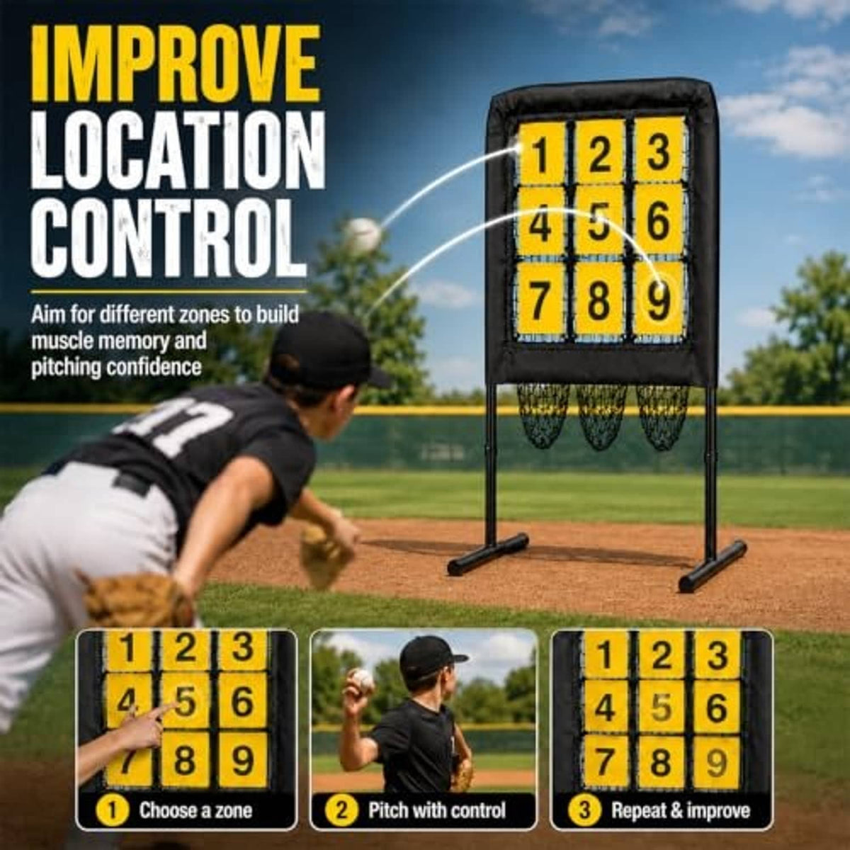 Baseball training target net with yellow numbered square grid and side posts