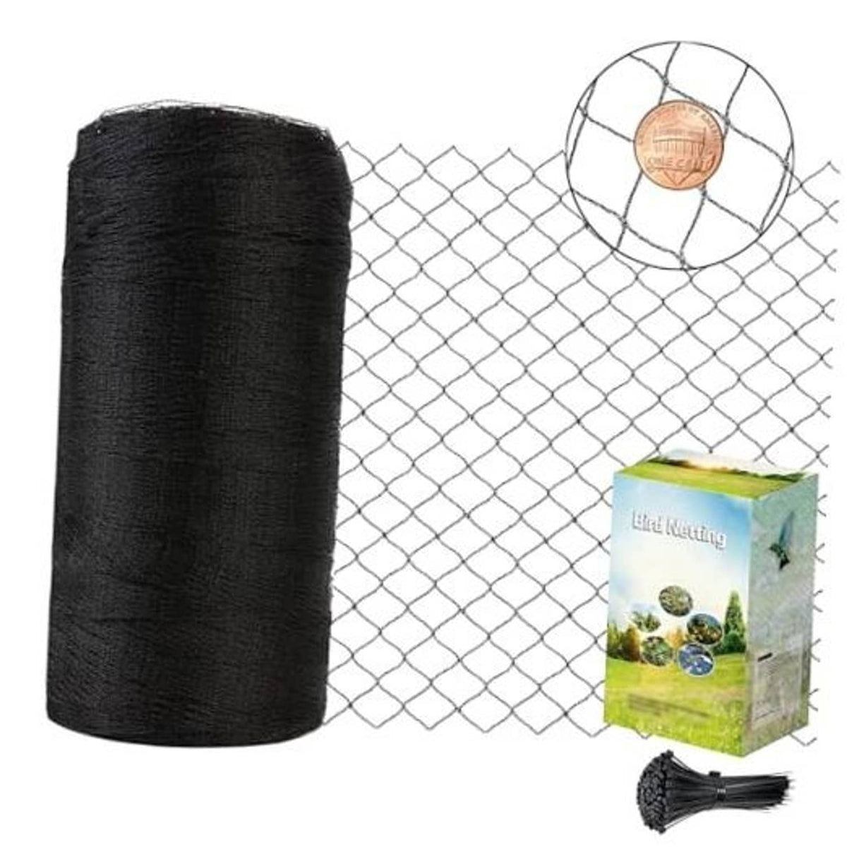 Black bird netting roll with diamond mesh sheet and clips, heavy-duty garden protection